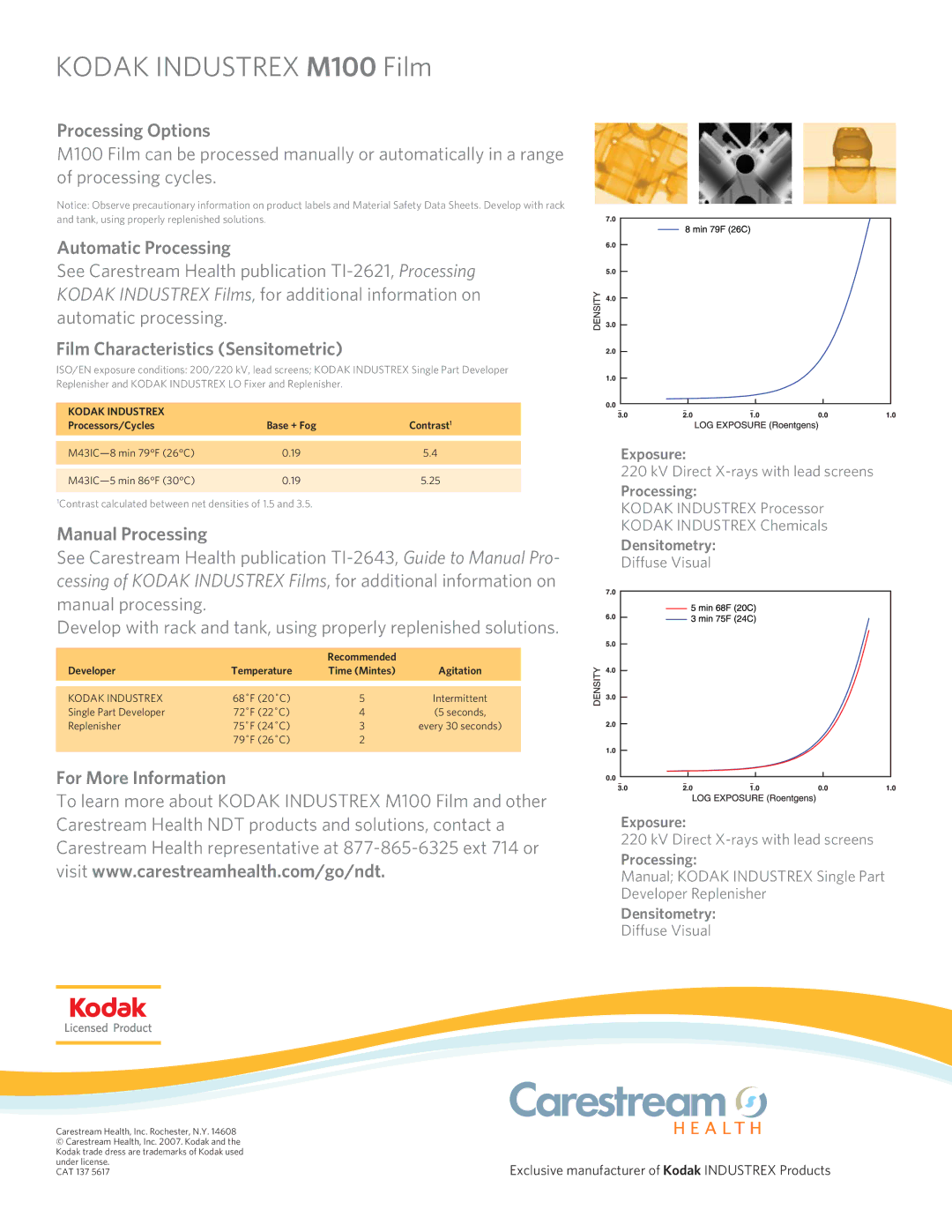 Kodak M100 manual Processing Options, Automatic Processing, Film Characteristics Sensitometric, Manual Processing 