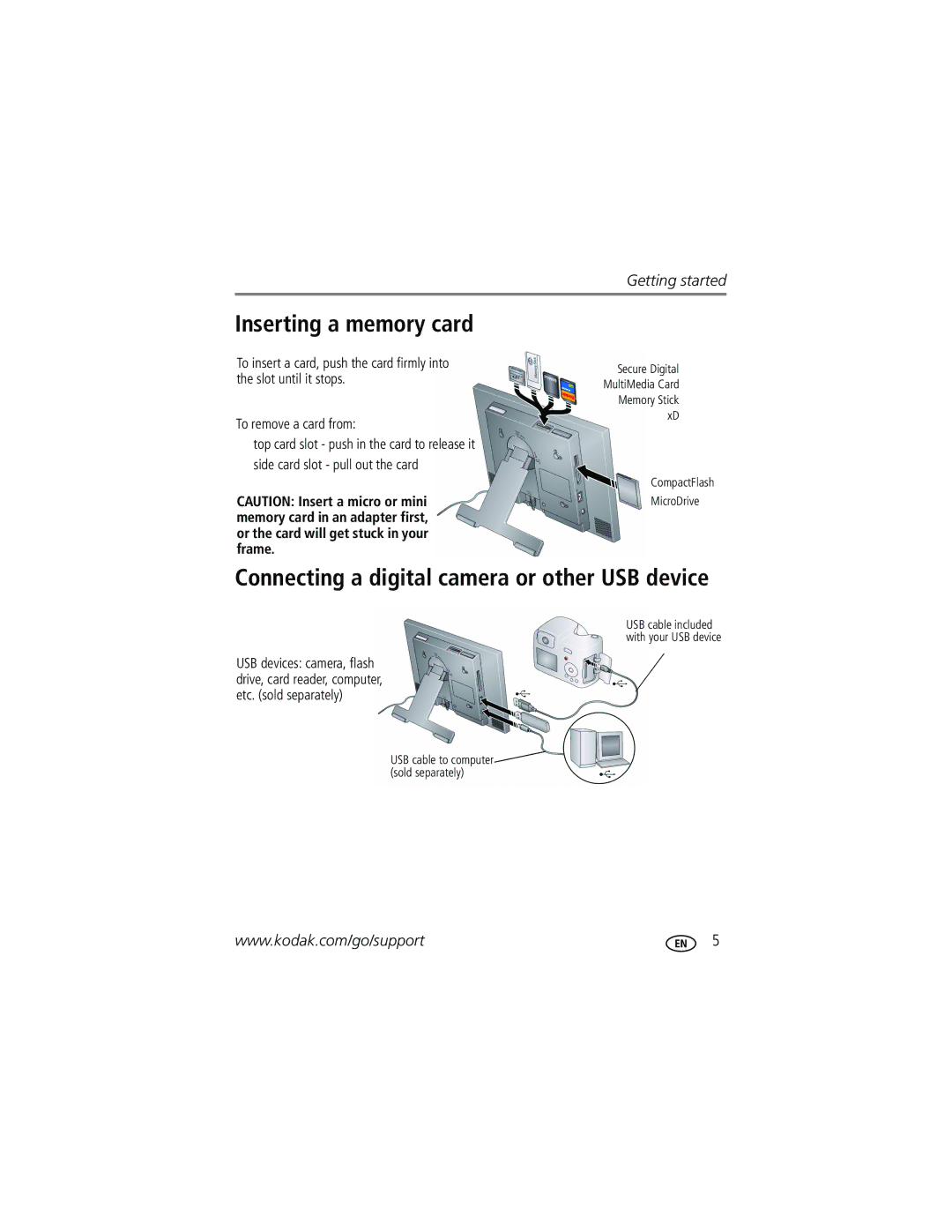 Kodak M1020 manual Inserting a memory card, Connecting a digital camera or other USB device 