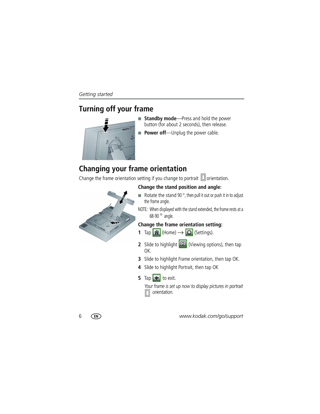 Kodak M1020 manual Turning off your frame, Changing your frame orientation, Power off-Unplug the power cable 