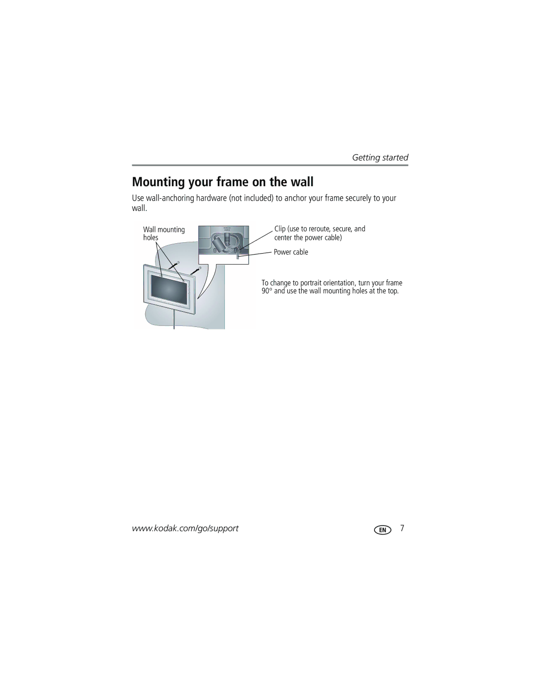 Kodak M1020 manual Mounting your frame on the wall, Power cable 