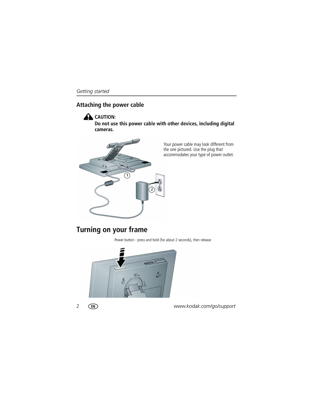 Kodak M1020 manual Turning on your frame, Attaching the power cable 