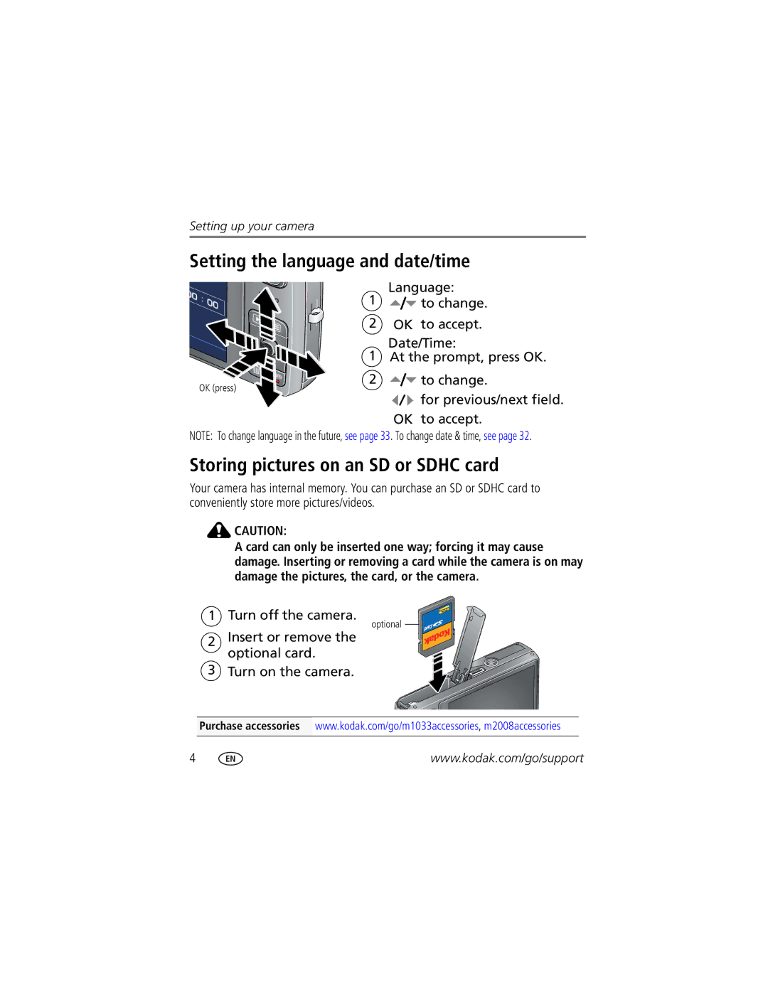 Kodak M1033, 1278829 manual Setting the language and date/time, Storing pictures on an SD or Sdhc card 