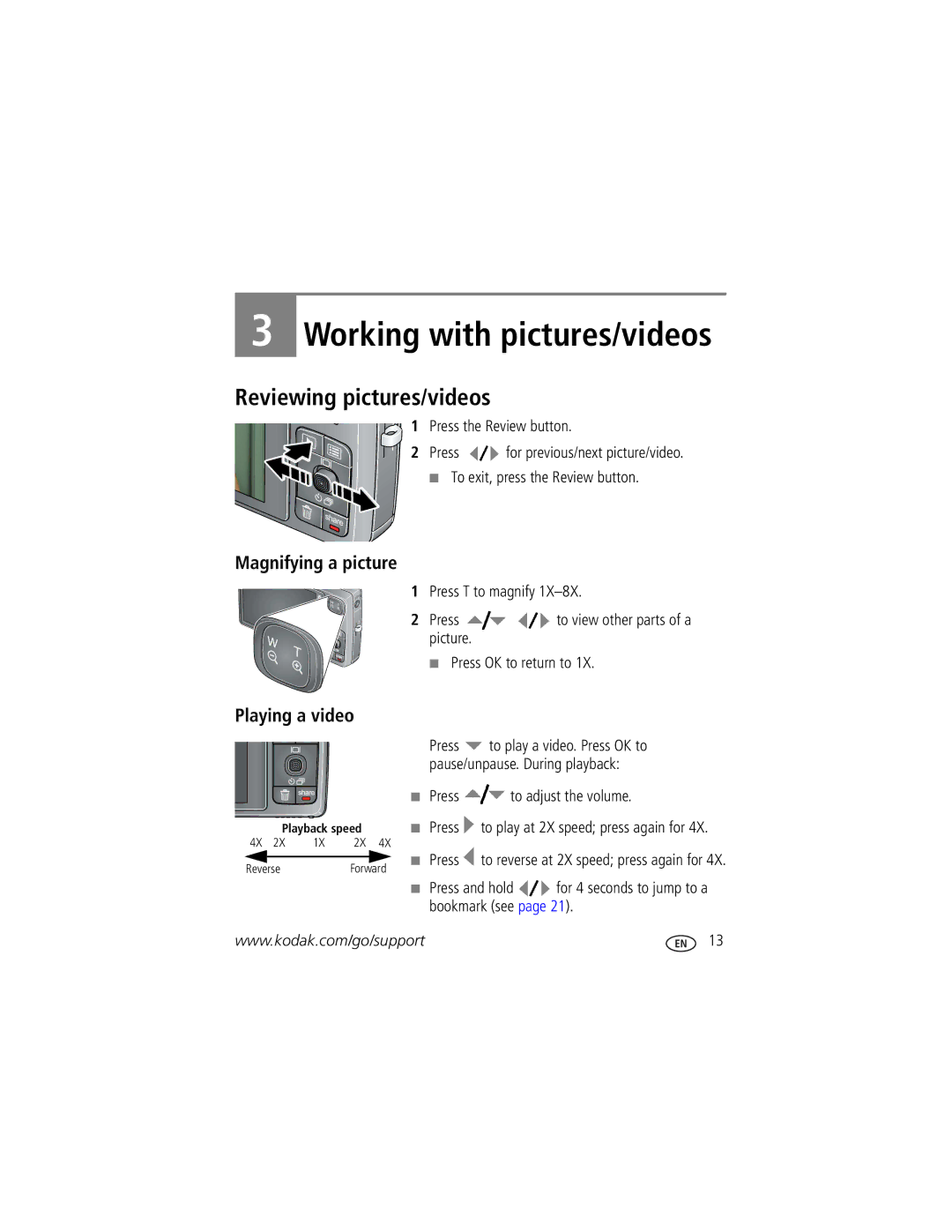 Kodak 1278829, M1033 manual Reviewing pictures/videos, Magnifying a picture, Playing a video 