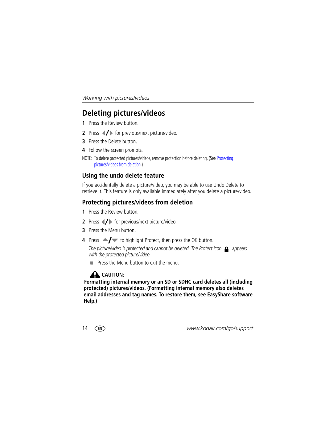 Kodak M1033, 1278829 Deleting pictures/videos, Using the undo delete feature, Protecting pictures/videos from deletion 