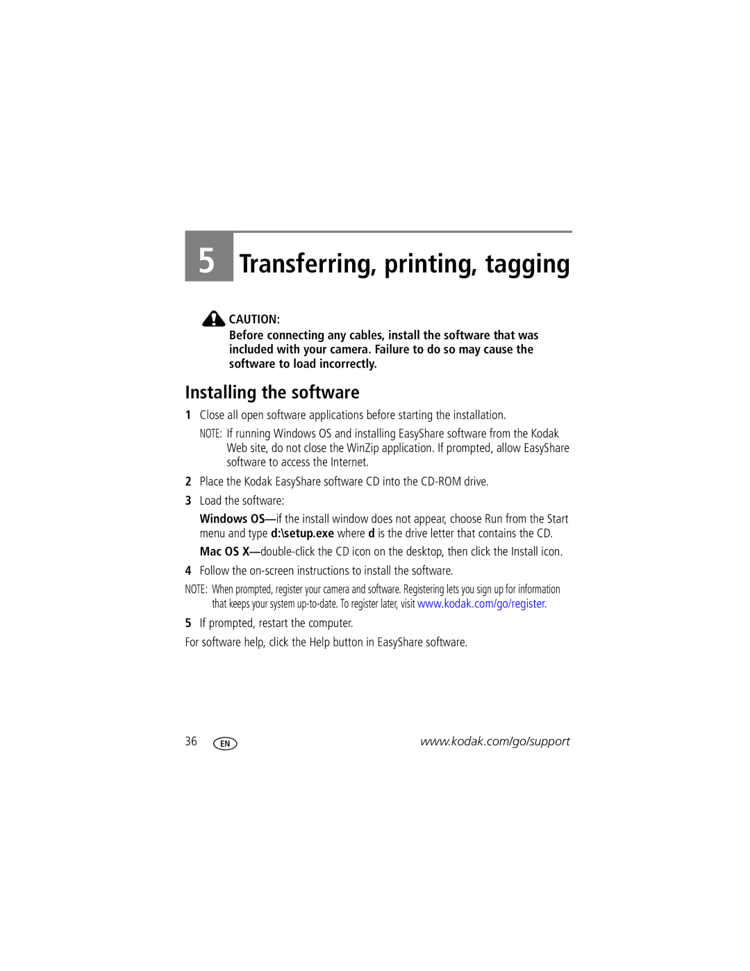 Kodak M1033, 1278829 manual Transferring, printing, tagging, Installing the software 