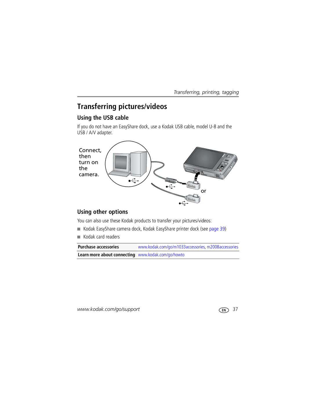 Kodak 1278829, M1033 manual Transferring pictures/videos, Using the USB cable, Using other options, Kodak card readers 