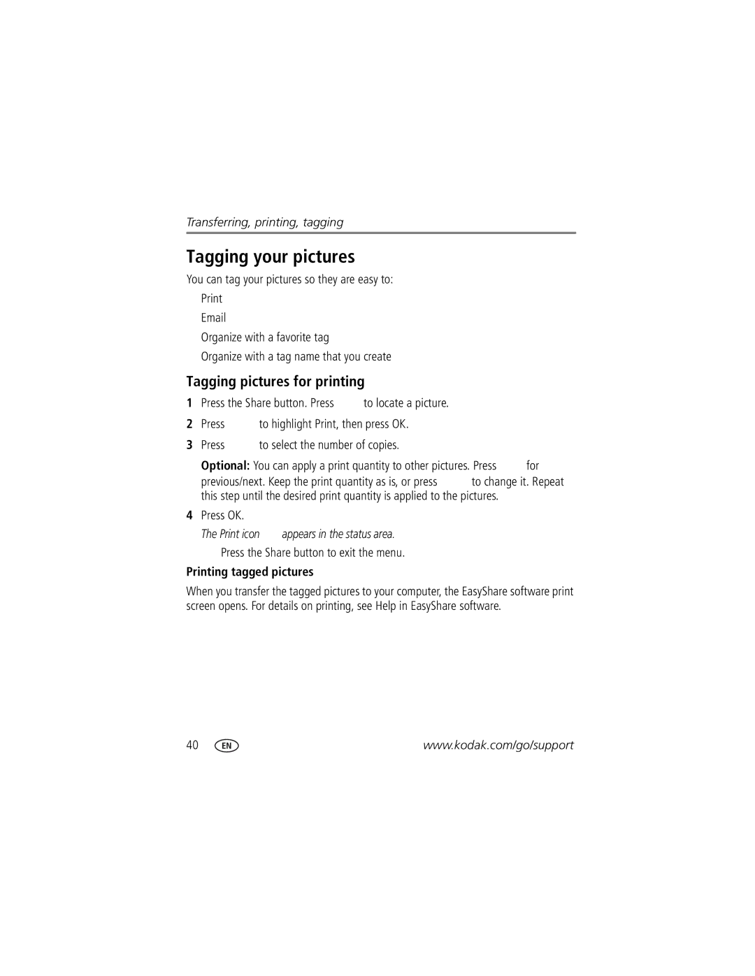 Kodak M1033 manual Tagging your pictures, Tagging pictures for printing, Press OK, Press the Share button to exit the menu 