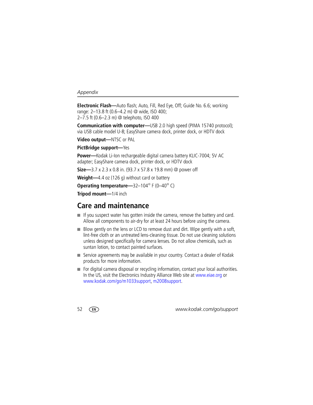 Kodak M1033, 1278829 manual Care and maintenance, Video output-NTSC or PAL PictBridge support-Yes 