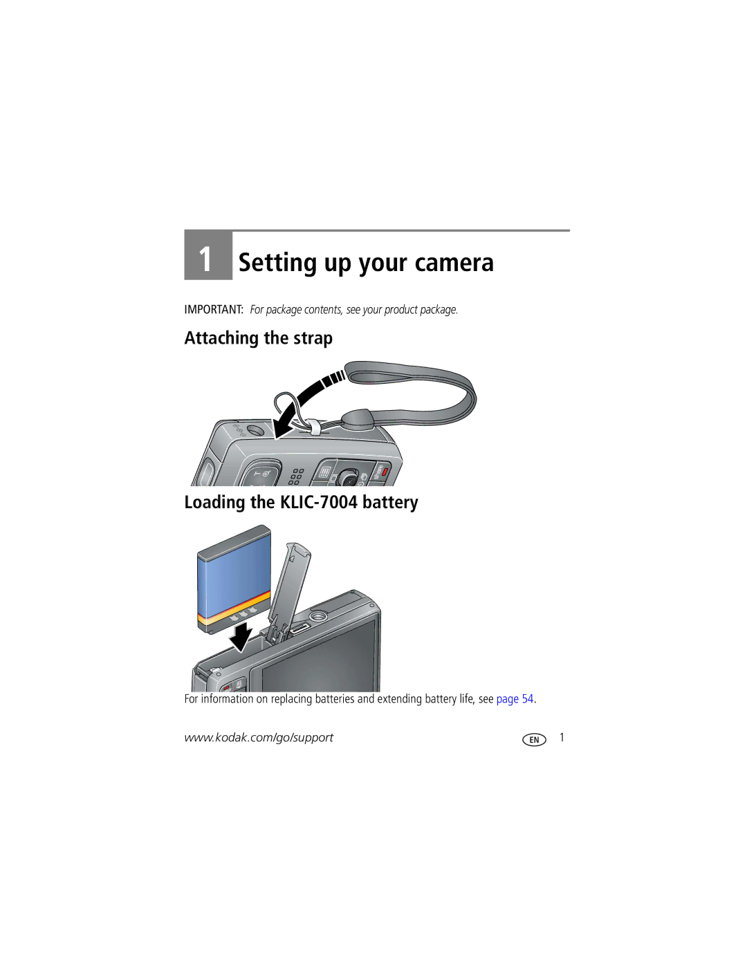 Kodak 1278829, M1033 manual Setting up your camera, Attaching the strap Loading the KLIC-7004 battery 