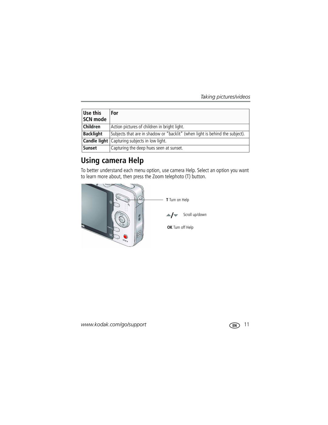 Kodak MX1063, M1063, MD1063 manual Using camera Help 