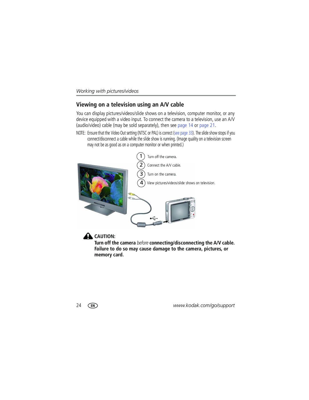 Kodak M1063, MD1063, MX1063 manual Viewing on a television using an A/V cable 