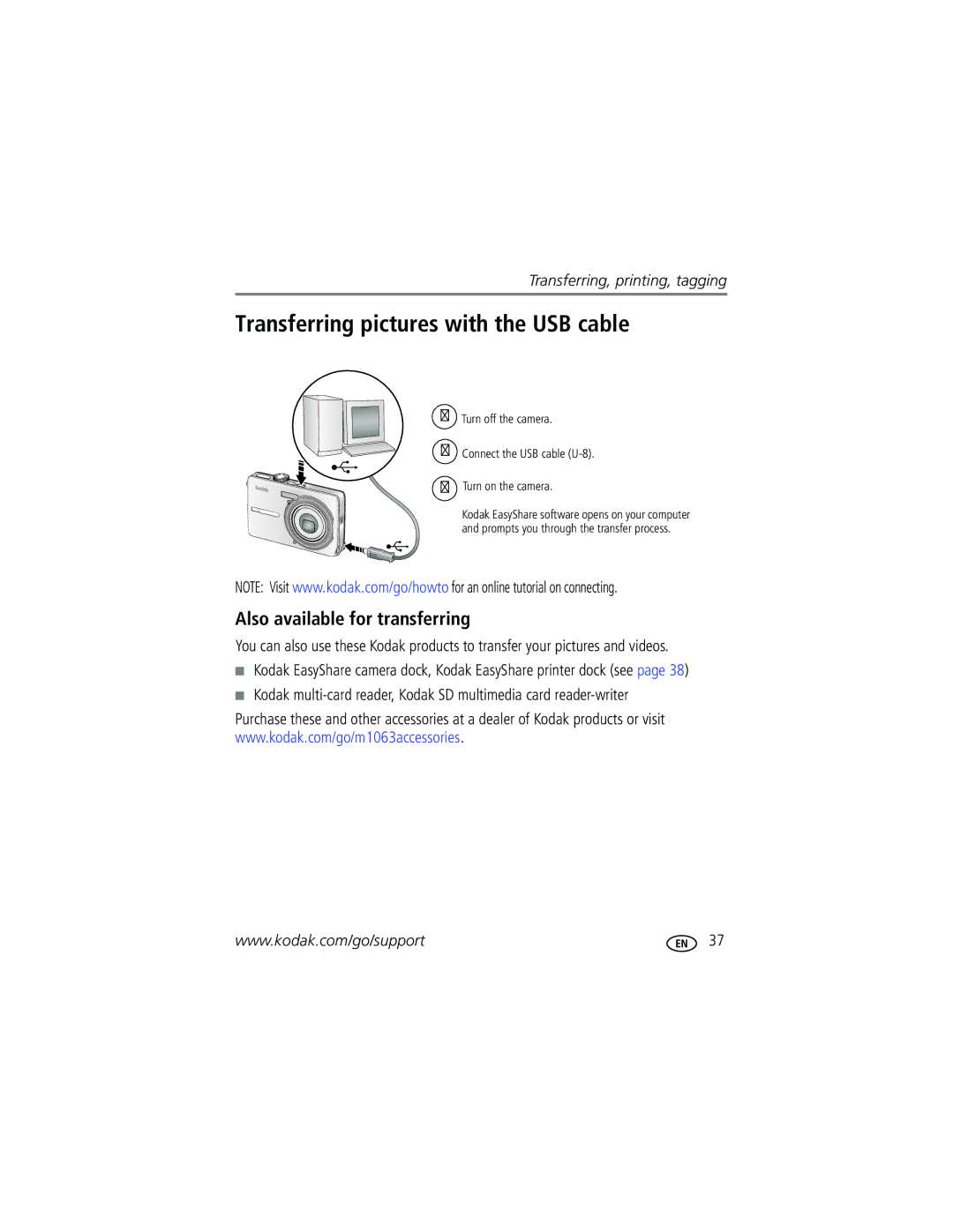 Kodak MD1063, M1063, MX1063 manual Transferring pictures with the USB cable, Also available for transferring 