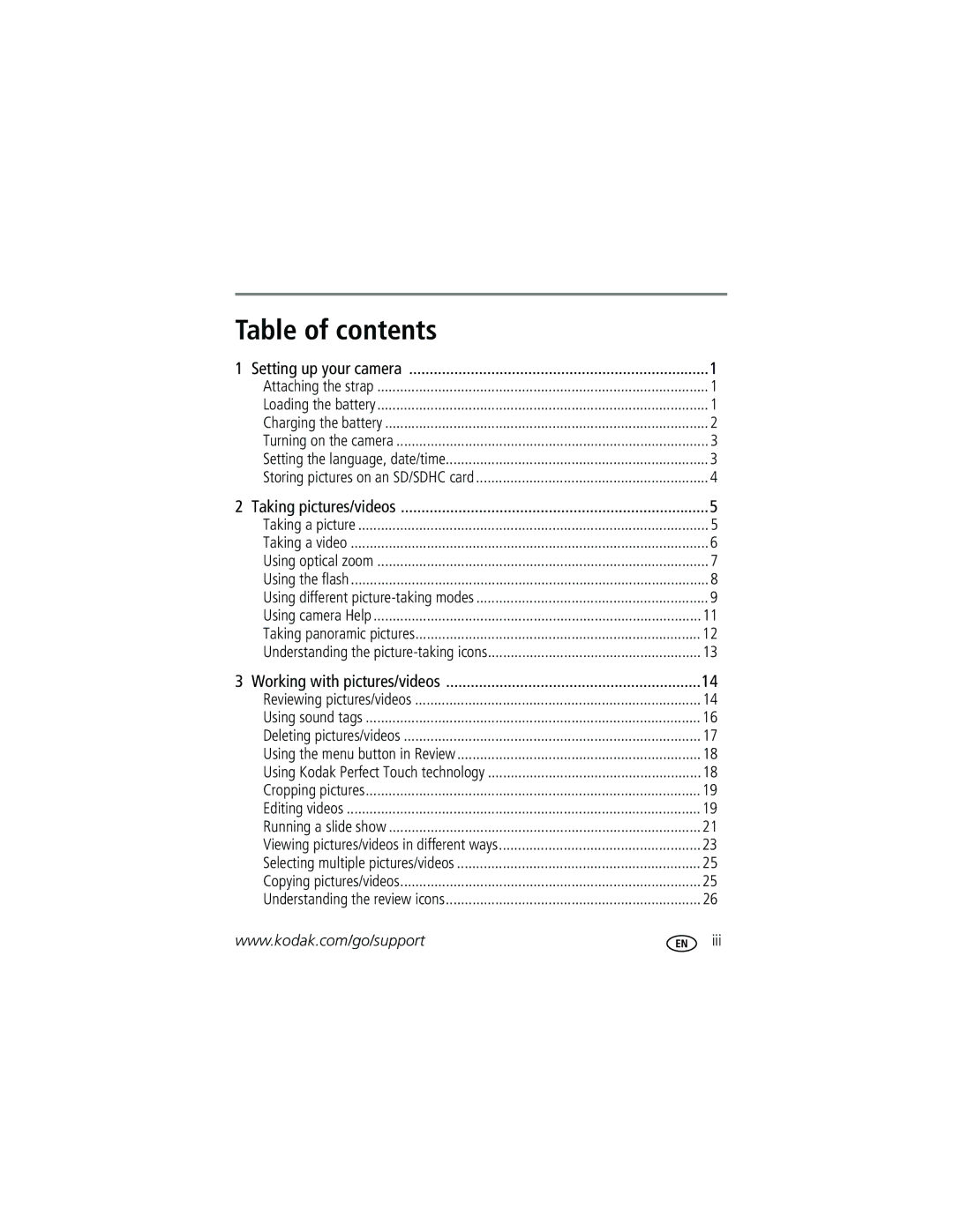 Kodak MX1063, M1063, MD1063 manual Table of contents 