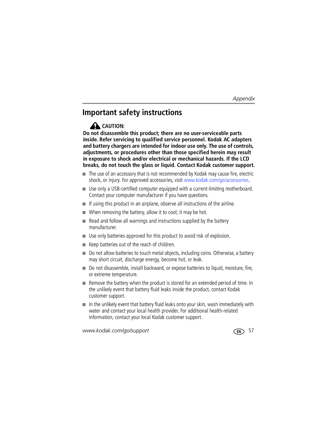 Kodak M1063, MD1063, MX1063 manual Important safety instructions 