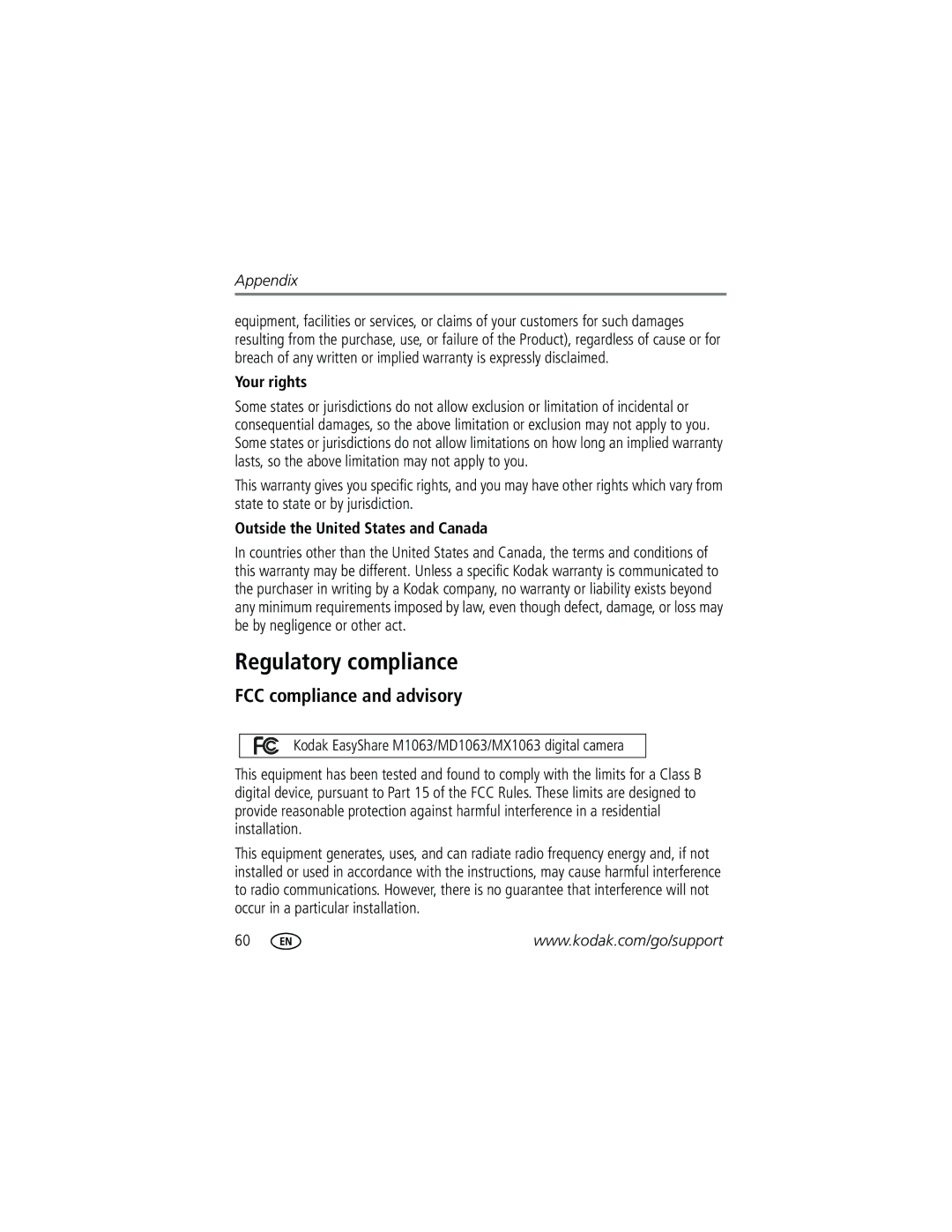 Kodak M1063, MD1063 Regulatory compliance, FCC compliance and advisory, Your rights, Outside the United States and Canada 