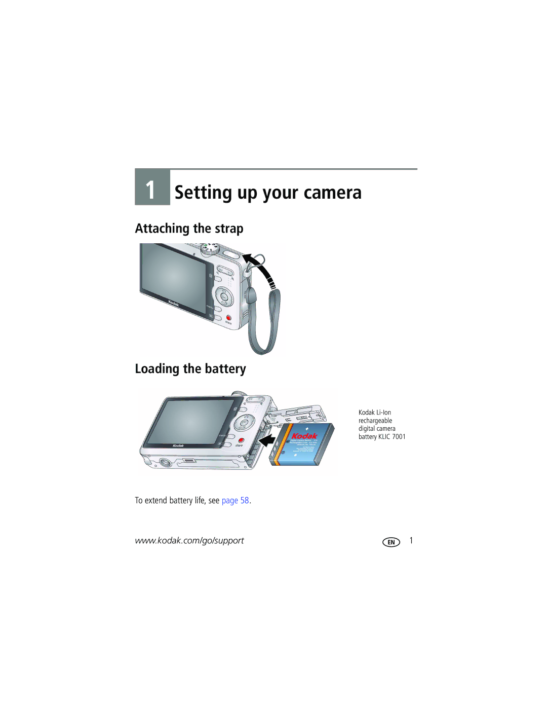 Kodak MD1063, M1063, MX1063 manual Attaching the strap Loading the battery, To extend battery life, see 