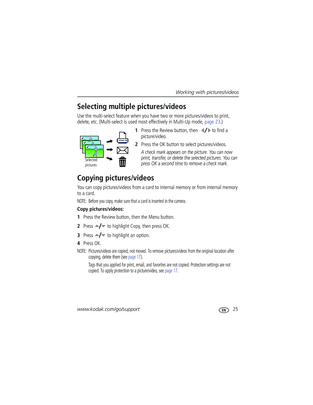 Kodak M1073 manual Selecting multiple pictures/videos, Copying pictures/videos, Press the Review button, then to find a 