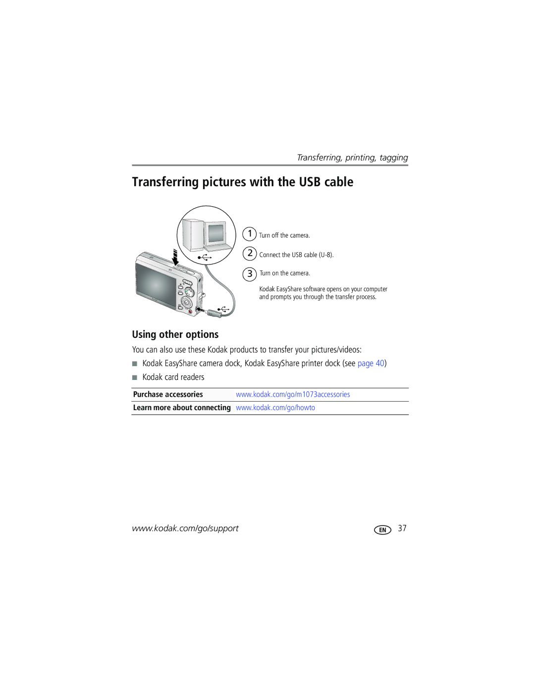 Kodak M1073 manual Transferring pictures with the USB cable, Using other options, Kodak card readers 