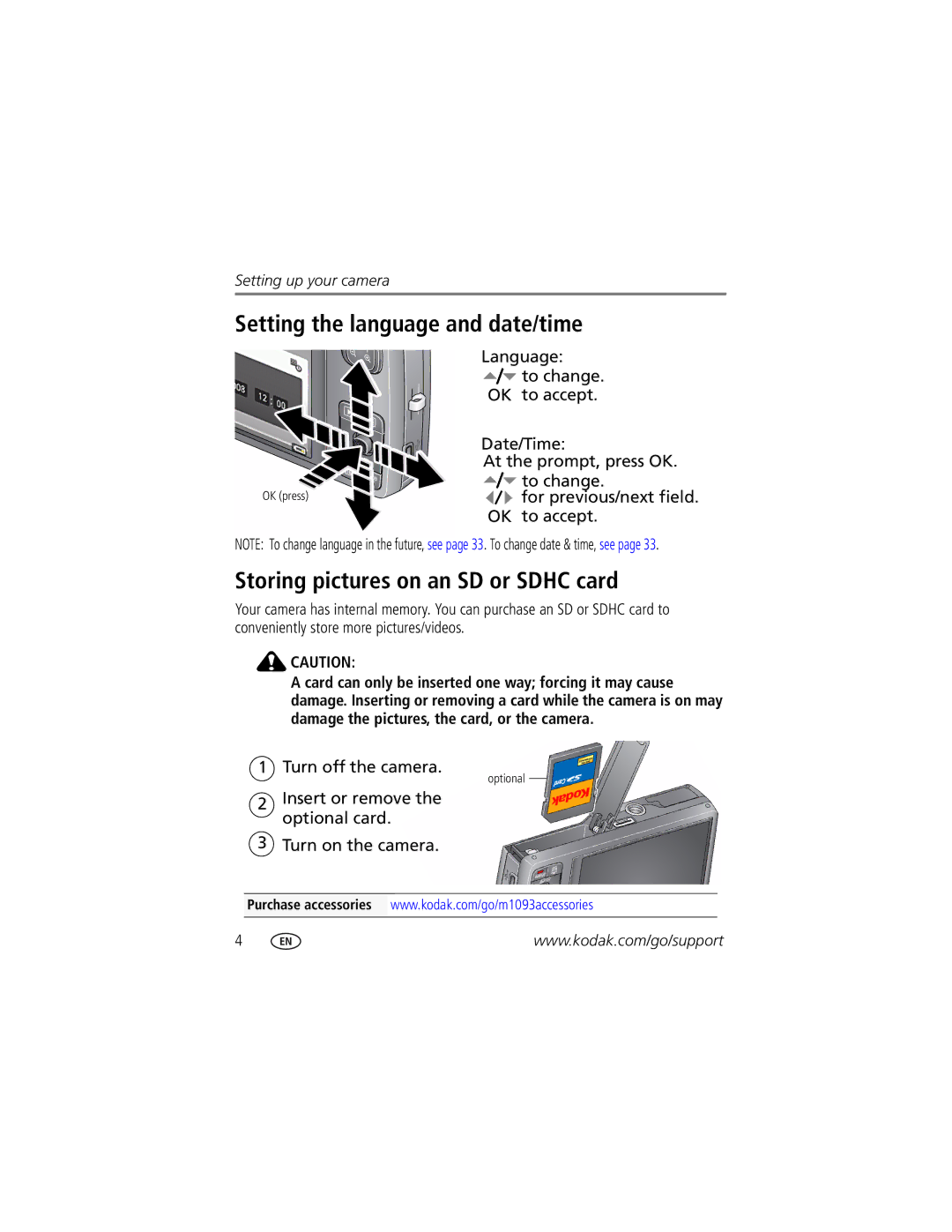 Kodak M1093 IS manual Setting the language and date/time, Storing pictures on an SD or Sdhc card, Turn off the camera 