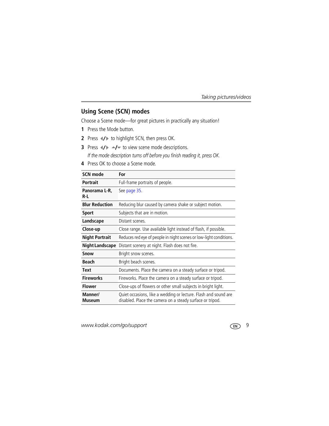 Kodak M1093 IS manual Using Scene SCN modes, Press OK to choose a Scene mode 