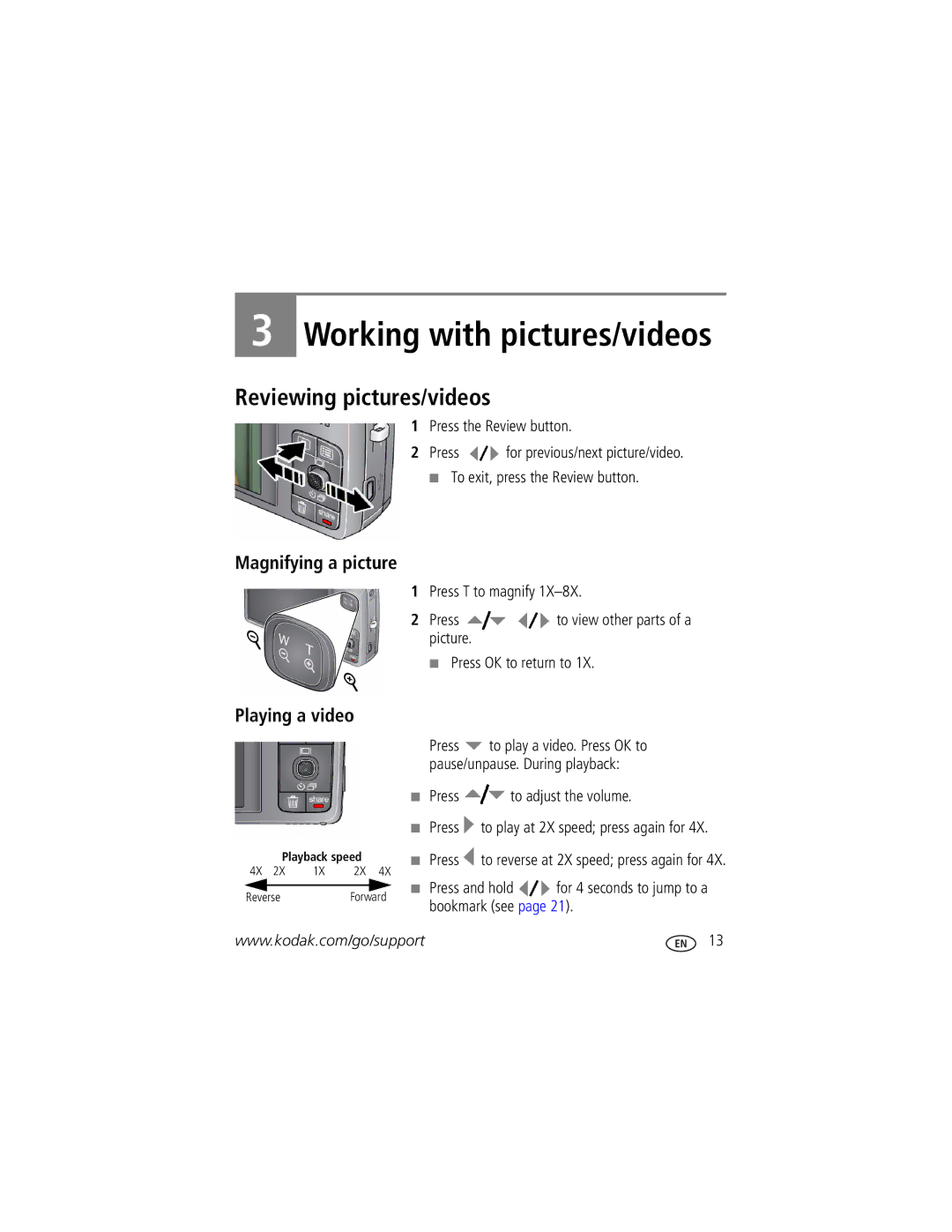 Kodak M1093 IS manual Reviewing pictures/videos, Magnifying a picture, Playing a video 