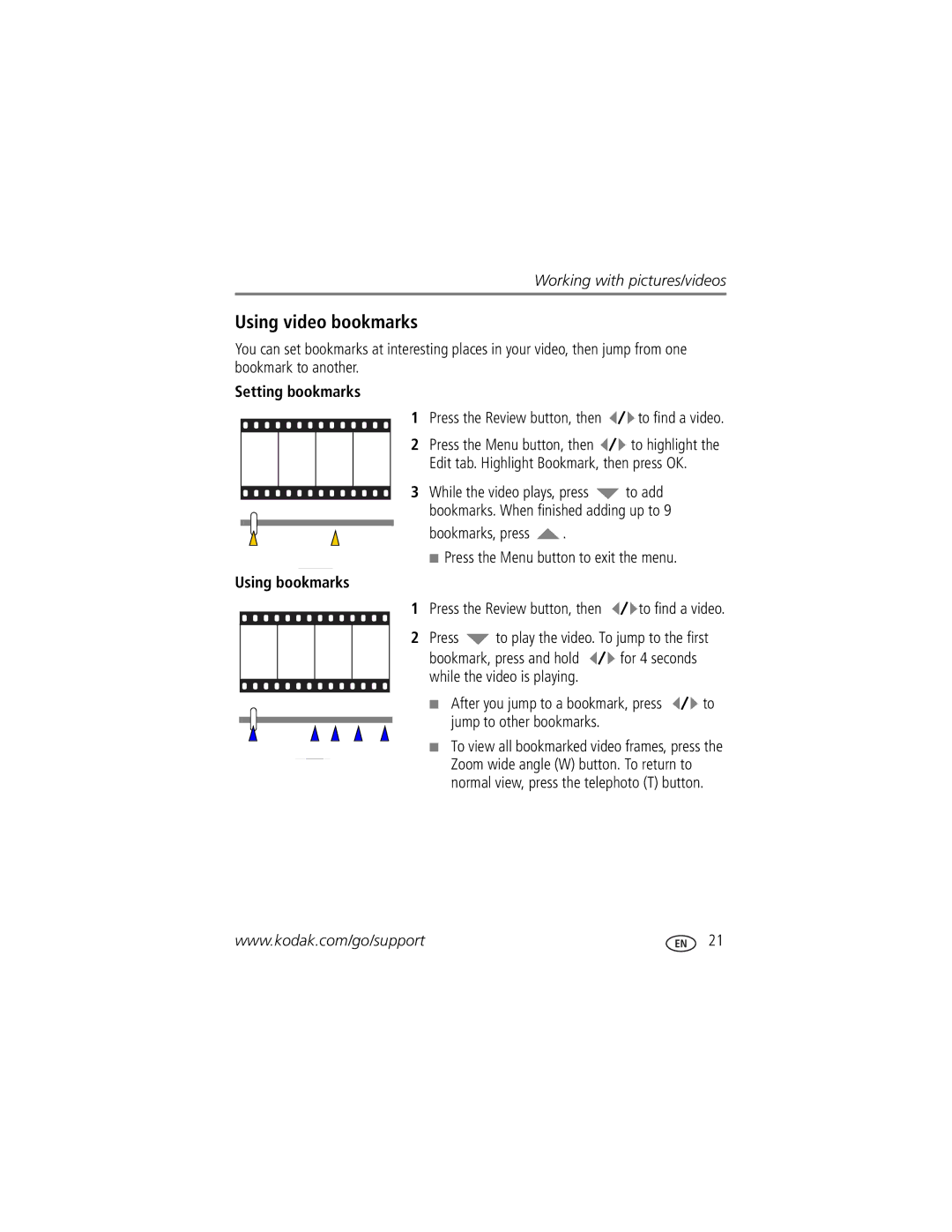 Kodak M1093 IS manual Using video bookmarks, Setting bookmarks, Bookmarks, press Press the Menu button to exit the menu 