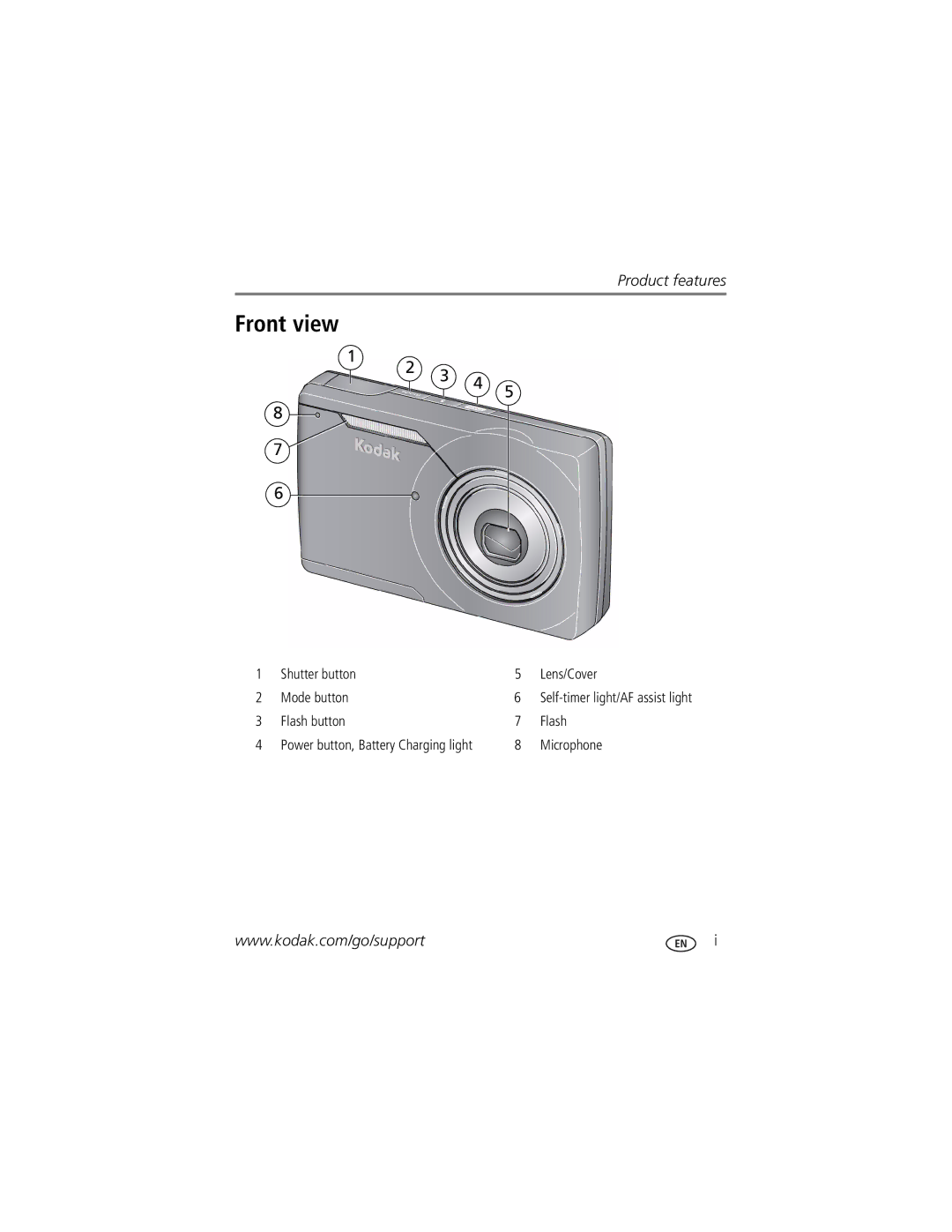 Kodak M1093 IS manual Front view, Product features 