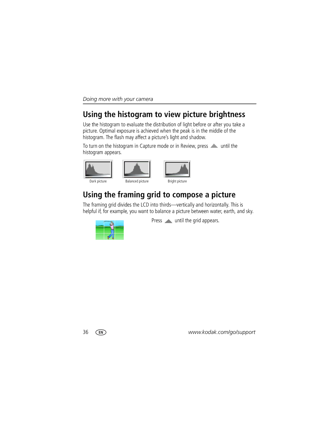 Kodak M1093 IS manual Using the histogram to view picture brightness, Using the framing grid to compose a picture 