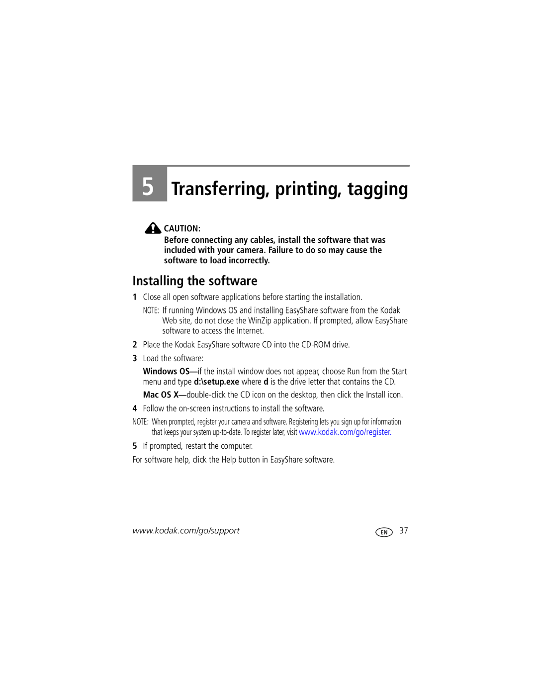 Kodak M1093 IS manual Transferring, printing, tagging, Installing the software 