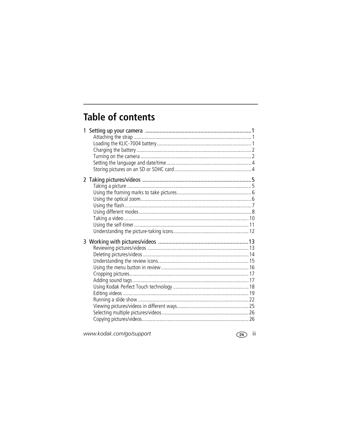 Kodak M1093 IS manual Table of contents 