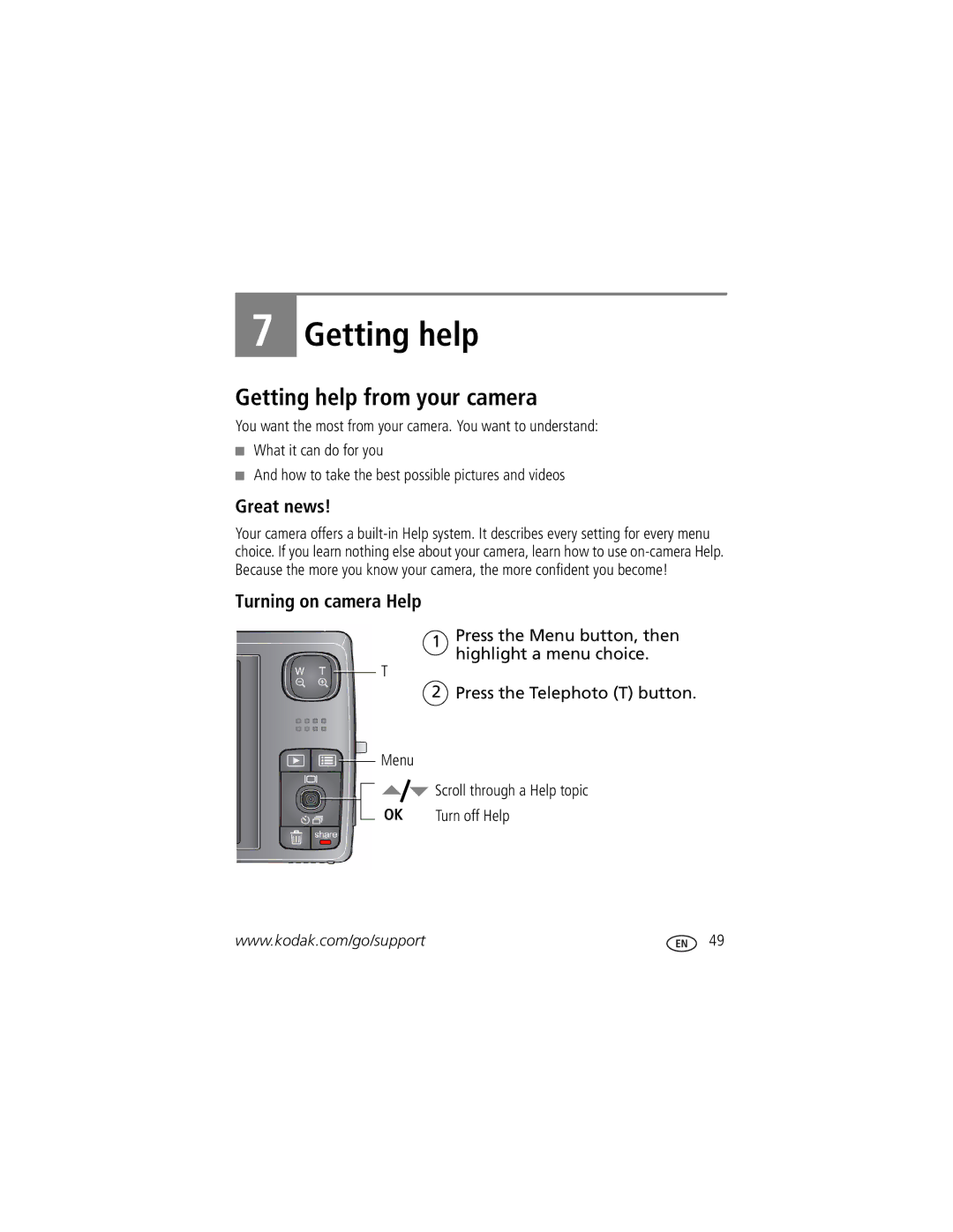 Kodak M1093 IS manual Getting help from your camera, Great news, Turning on camera Help 