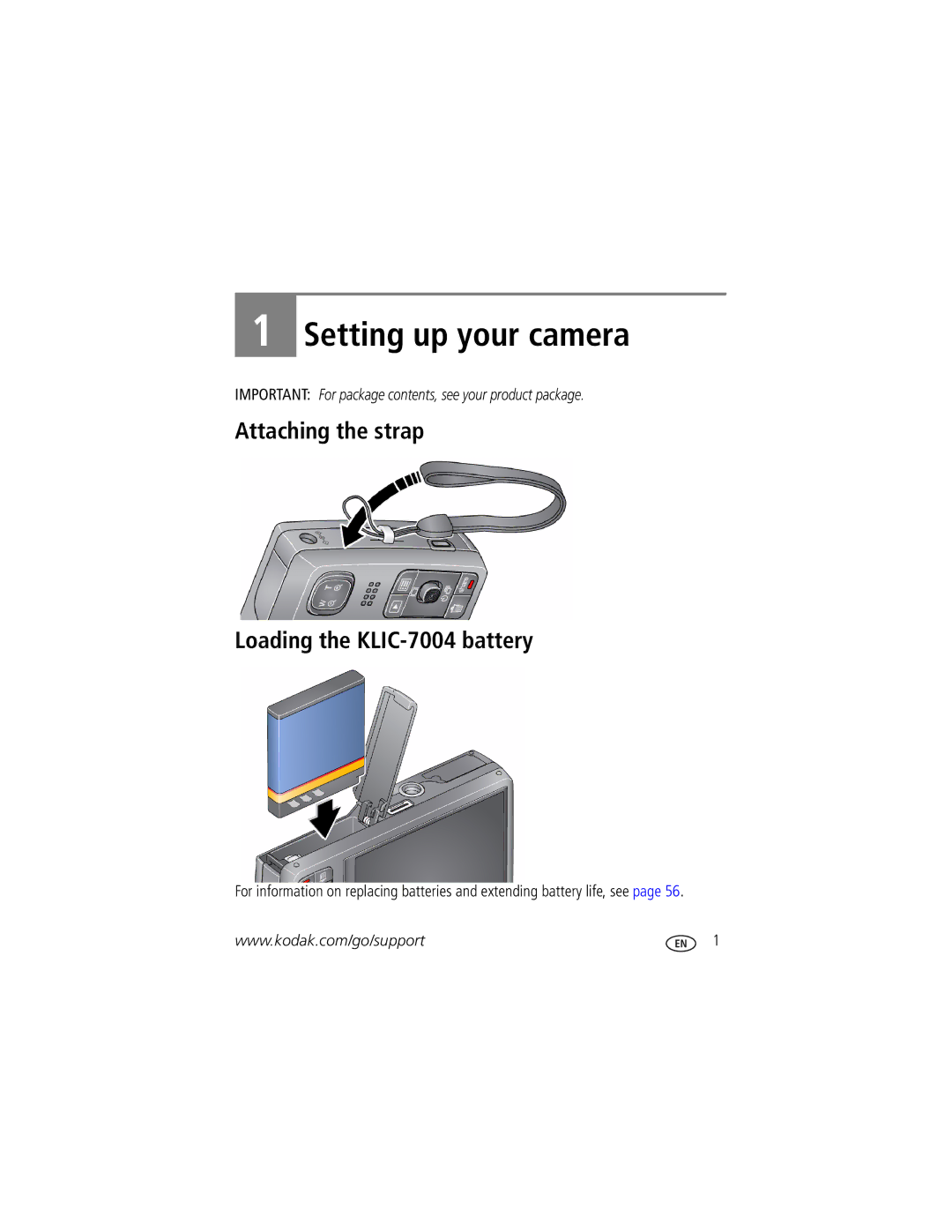 Kodak M1093 IS manual Setting up your camera, Attaching the strap Loading the KLIC-7004 battery 