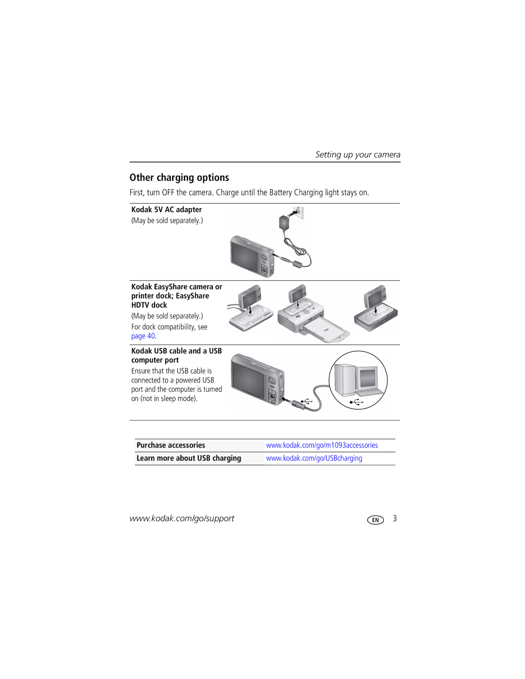 Kodak M1093 IS Other charging options, Kodak 5V AC adapter, Kodak EasyShare camera or printer dock EasyShare Hdtv dock 