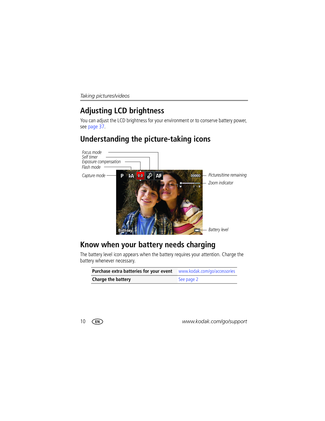 Kodak M200 manual Adjusting LCD brightness, Understanding the picture-taking icons, Know when your battery needs charging 