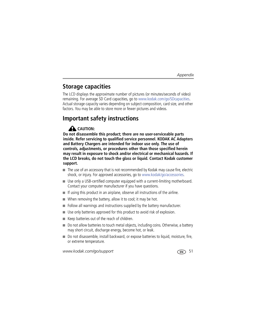 Kodak 1944685 Storage capacities Important safety instructions, When removing the battery, allow it to cool it may be hot 