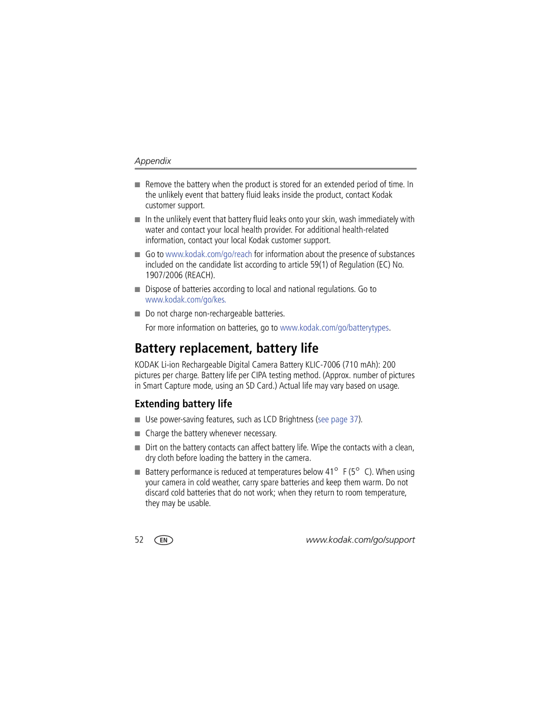 Kodak M200, 1944685 Battery replacement, battery life, Extending battery life, Do not charge non-rechargeable batteries 