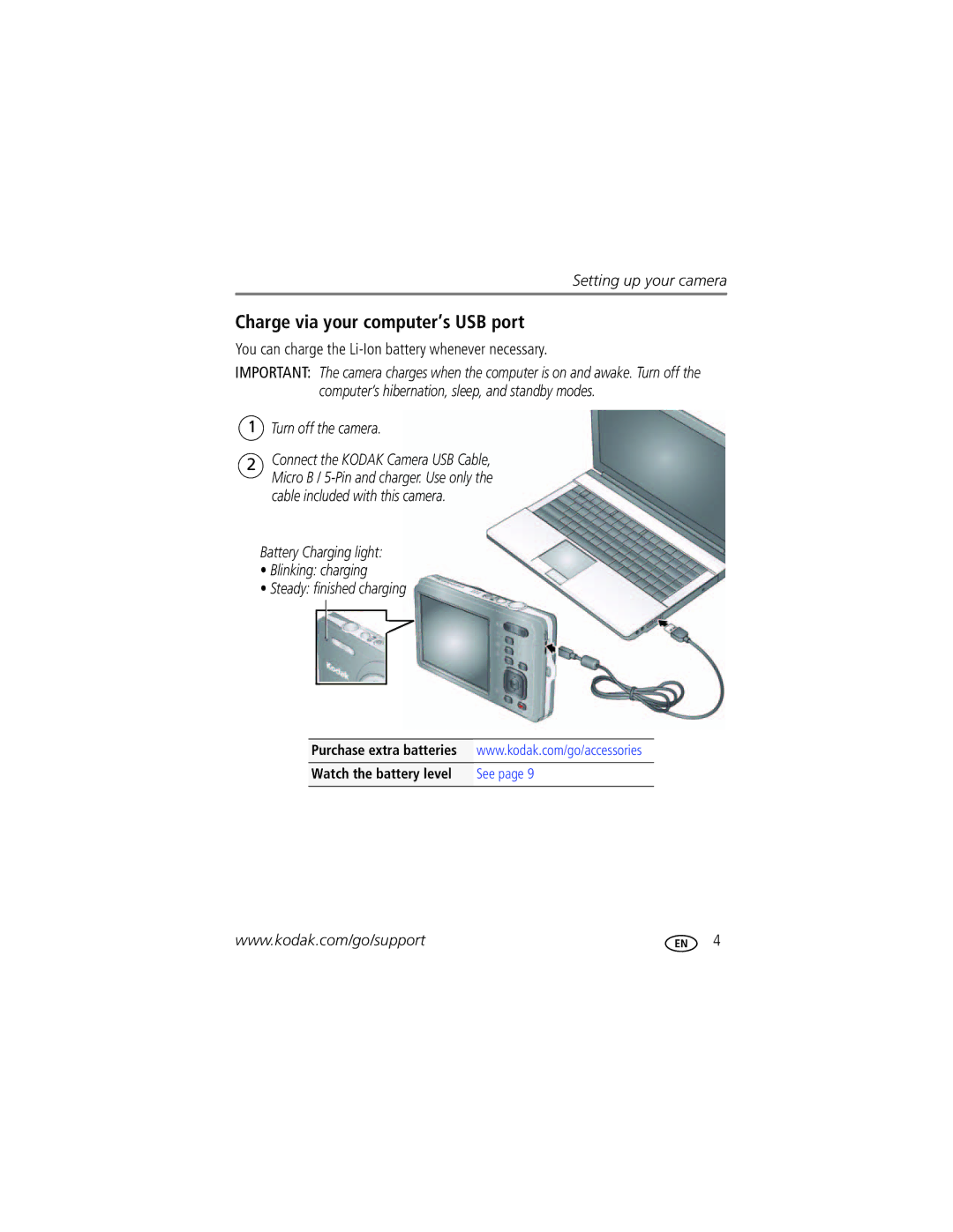 Kodak M22 manual Charge via your computer’s USB port 