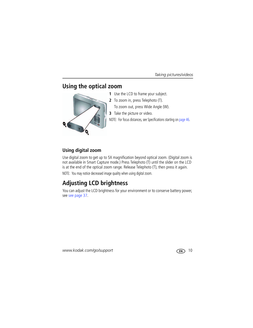 Kodak M22 manual Using the optical zoom, Adjusting LCD brightness, Using digital zoom 