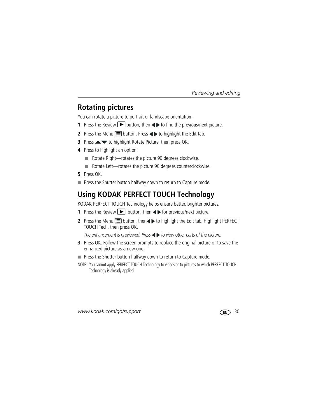 Kodak M22 manual Rotating pictures, Using Kodak Perfect Touch Technology 