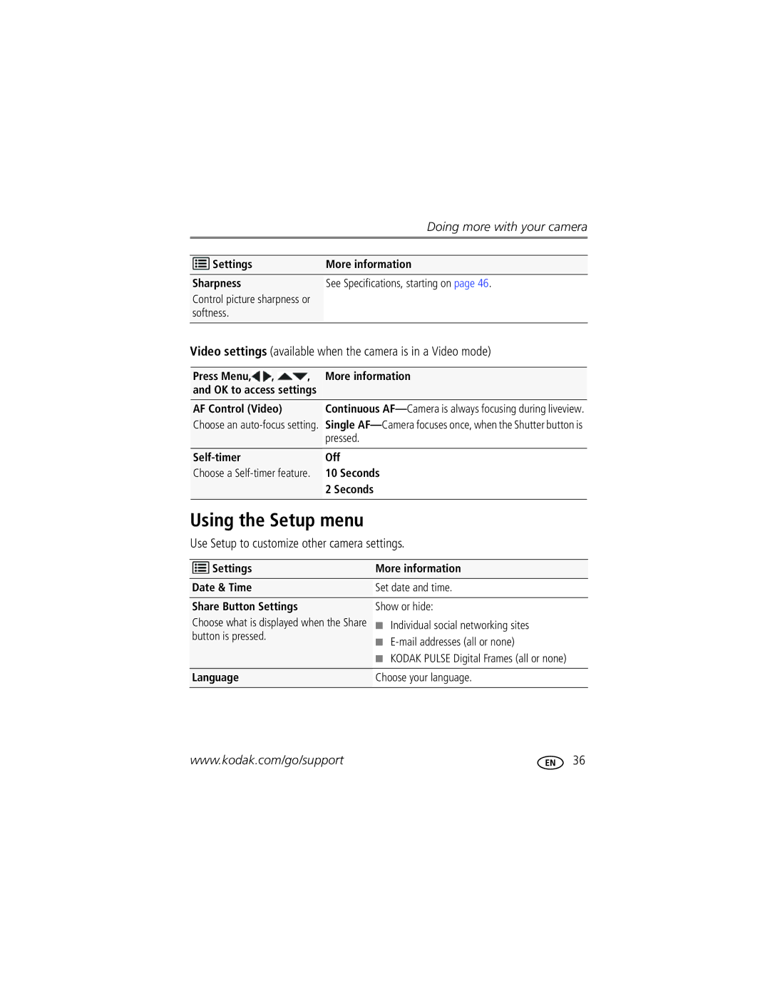 Kodak M22 manual Using the Setup menu, Video settings available when the camera is in a Video mode 