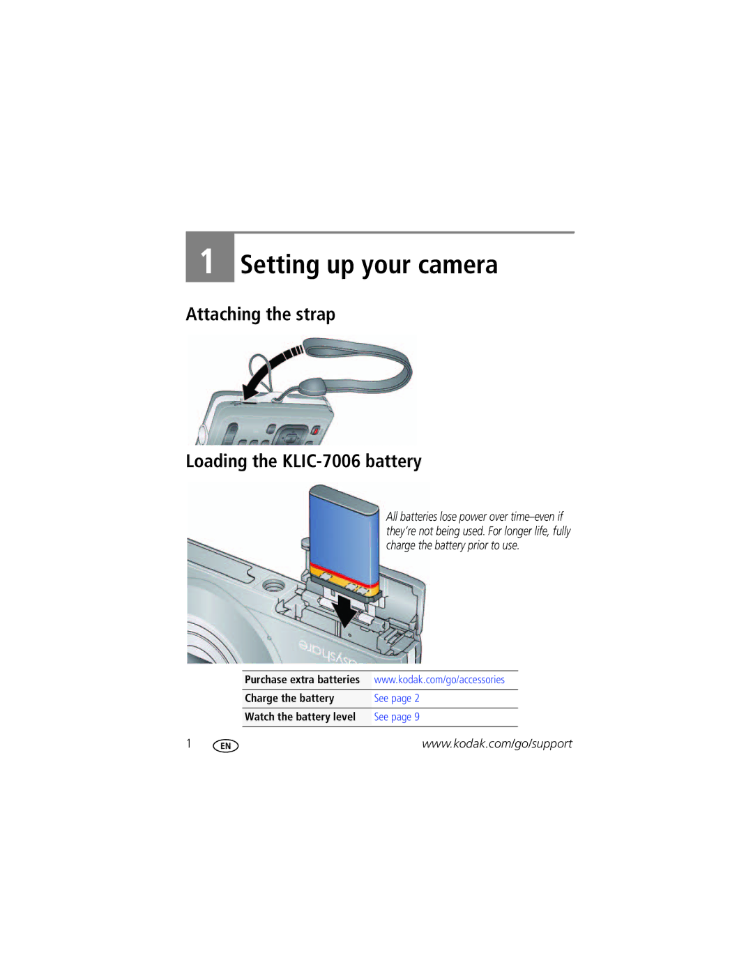 Kodak M22 manual Attaching the strap Loading the KLIC-7006 battery, Charge the battery, Watch the battery level 