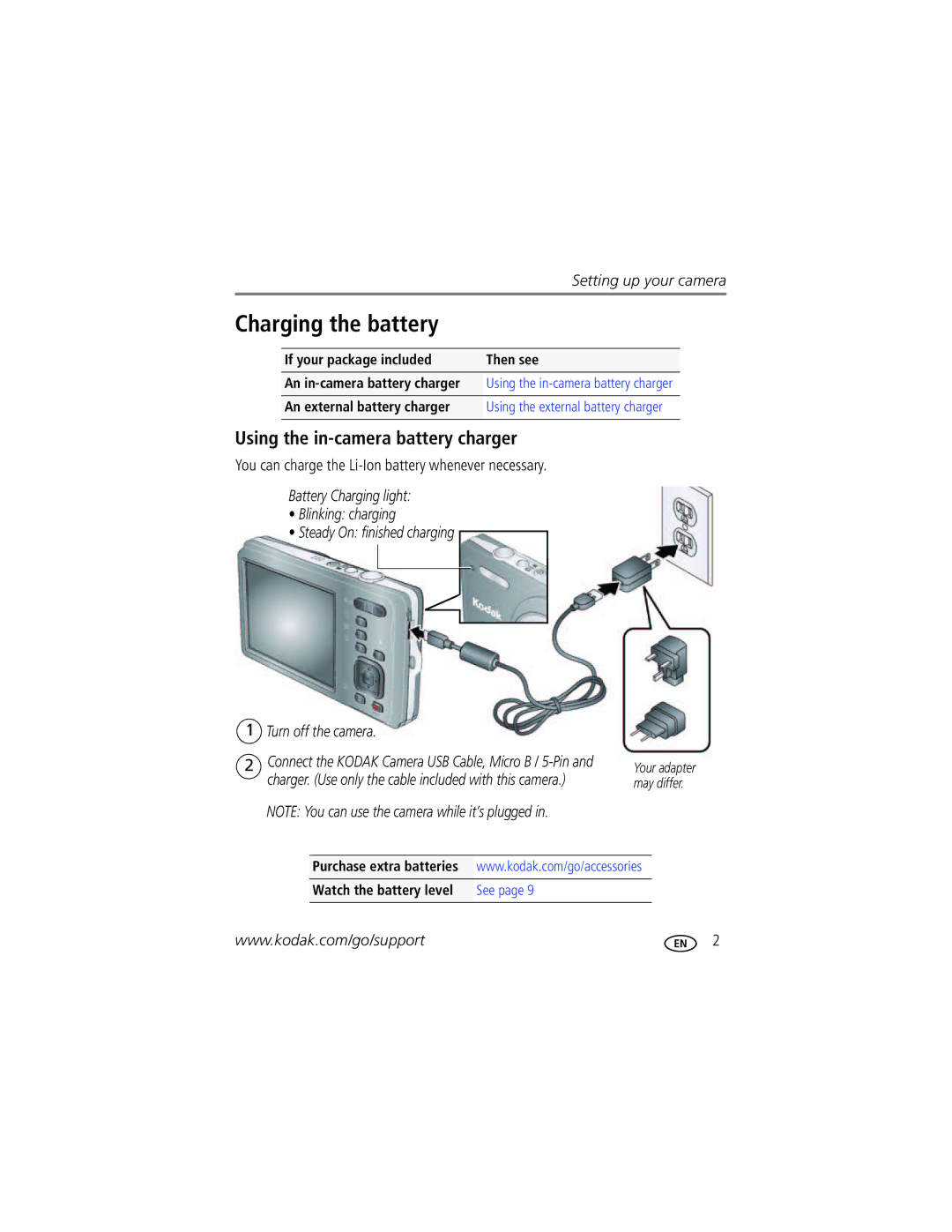 Kodak M22 manual Charging the battery, Using the in-camera battery charger, An external battery charger 