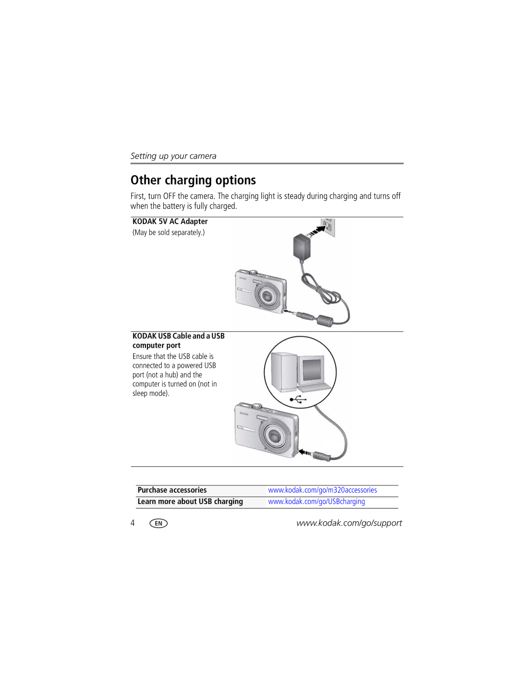 Kodak M320 manual Other charging options, Kodak USB Cable and a USB computer port 