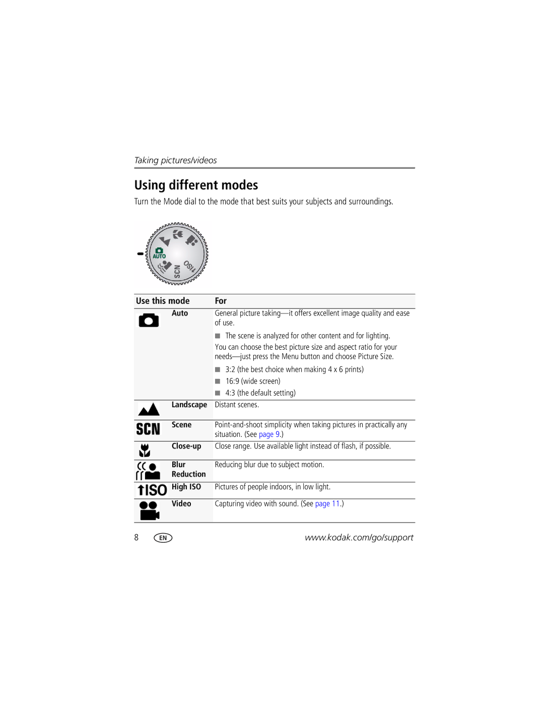 Kodak M320 manual Using different modes, Use this mode For 