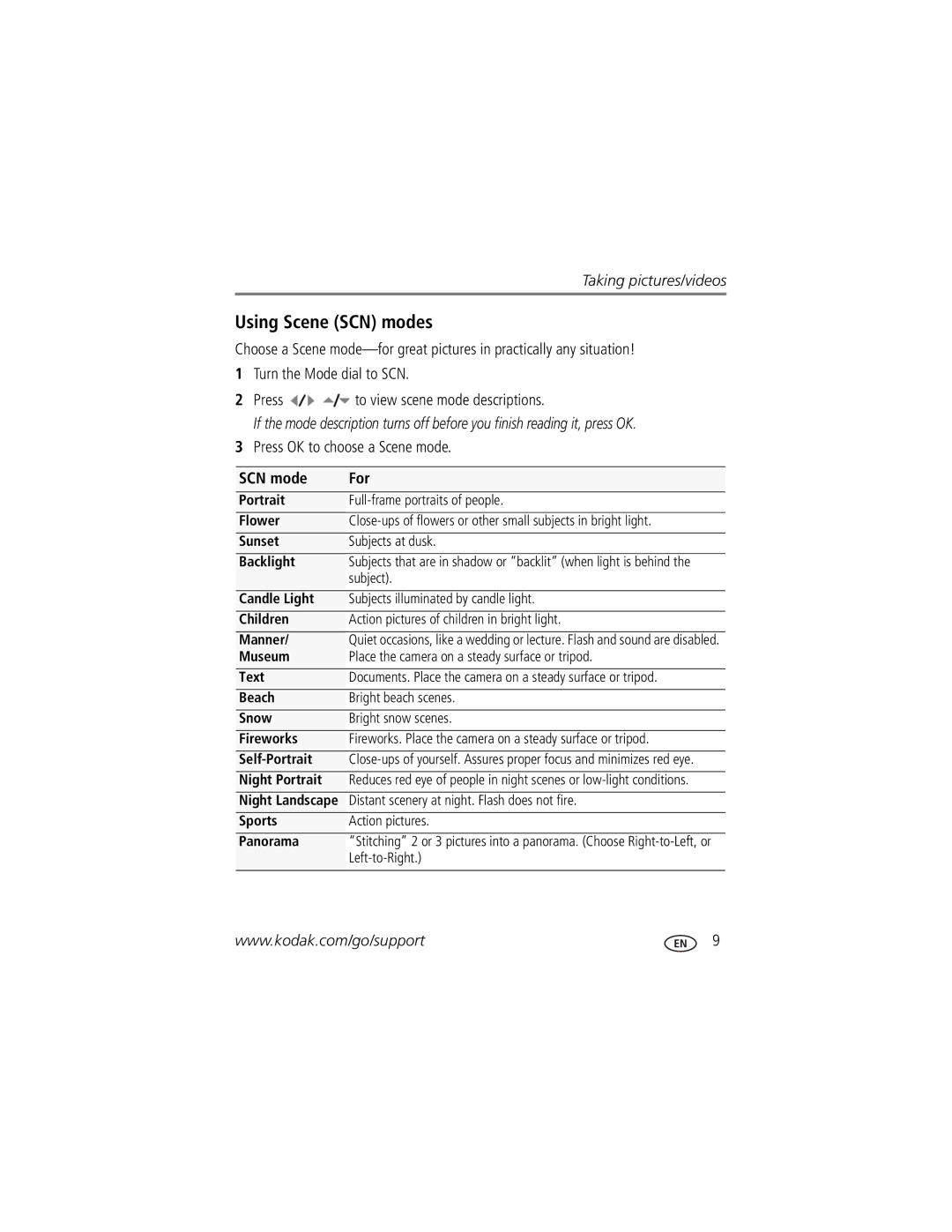 Kodak M320 manual Using Scene SCN modes, Press OK to choose a Scene mode, SCN mode For 