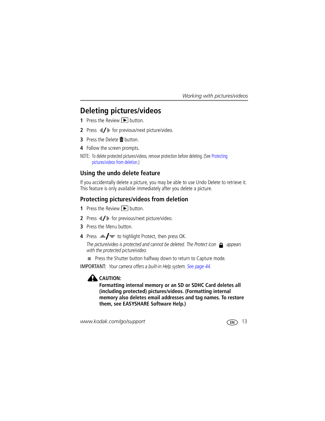 Kodak M320 manual Deleting pictures/videos, Using the undo delete feature, Protecting pictures/videos from deletion 