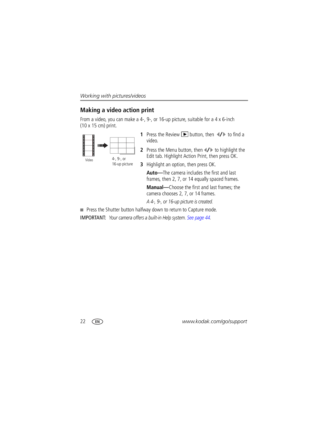 Kodak M320 manual Making a video action print, 9-, or 16-up picture is created 