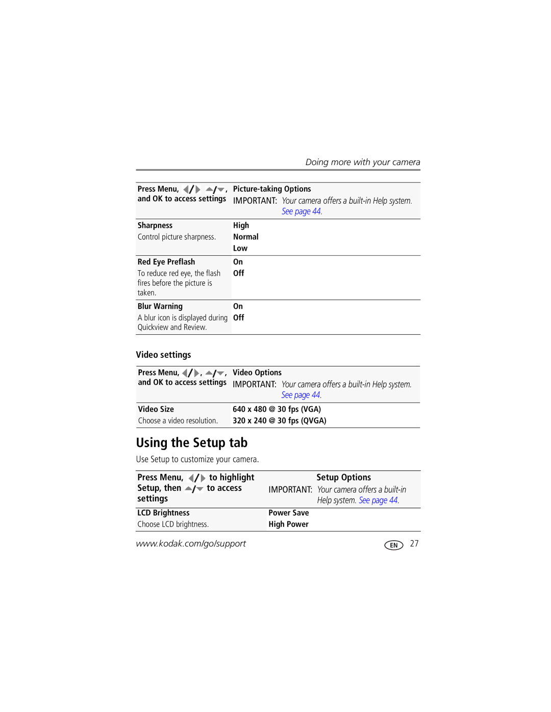 Kodak M320 manual Using the Setup tab, Video settings, To highlight Setup Options, To access, Settings 