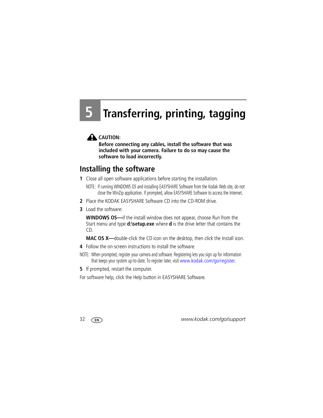 Kodak M320 manual Transferring, printing, tagging, Installing the software 