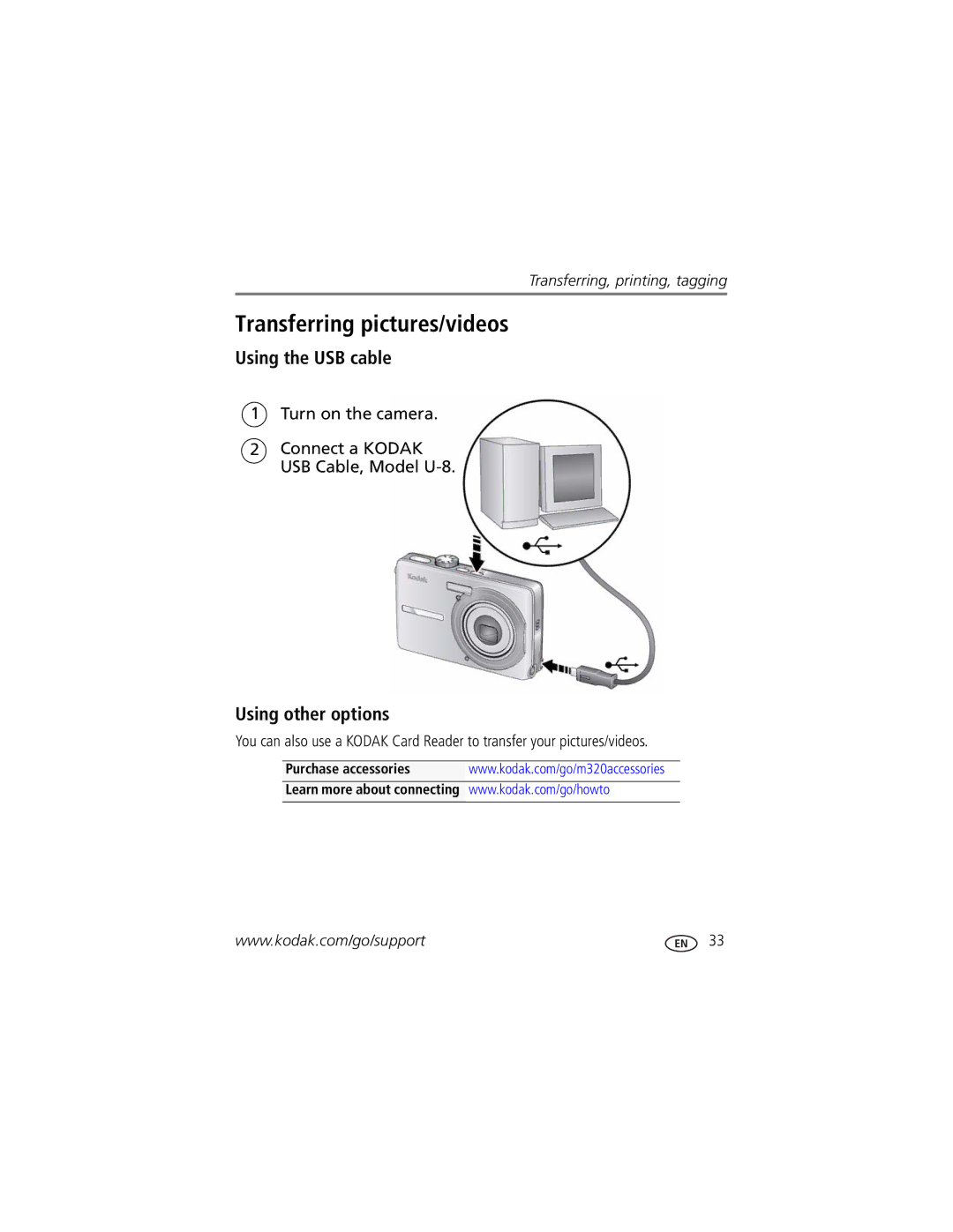 Kodak M320 manual Transferring pictures/videos, Using the USB cable, Using other options 